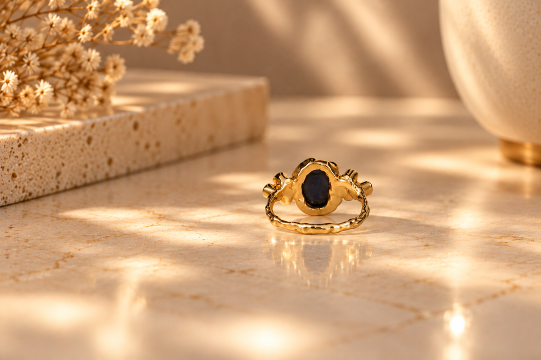 Organic 10k yellow gold ring with a blue sapphire and six small lab-grown diamonds, handmade by Rooz Jewellery