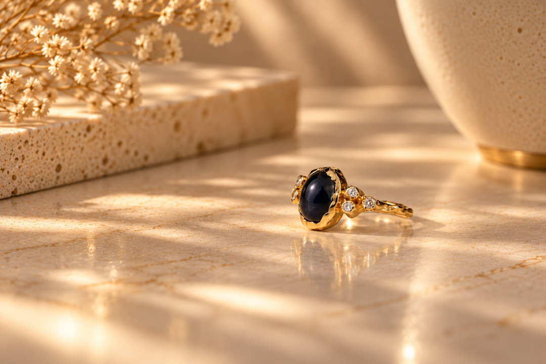 Organic 10k yellow gold ring with a blue sapphire and six small lab-grown diamonds, handmade by Rooz Jewellery