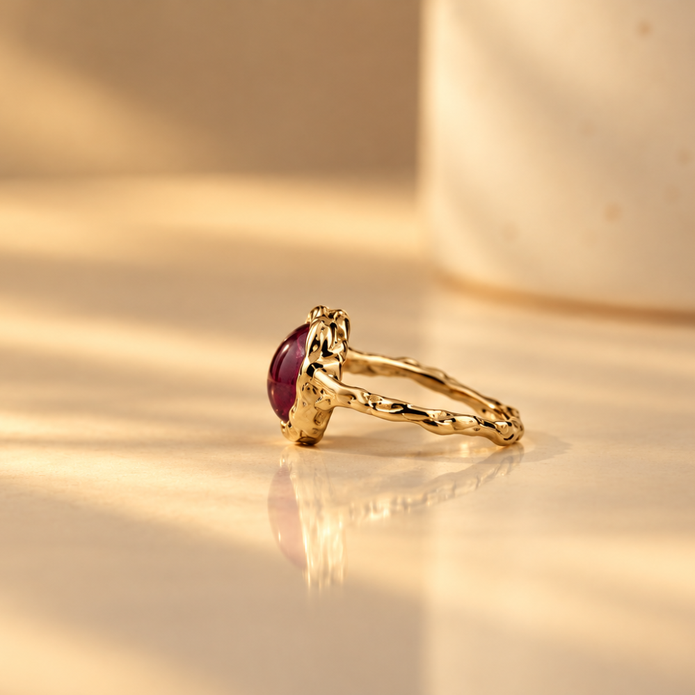 Handmade organic 10k yellow gold ring with a red oval ruby cabochon, Rooz Jewellery Toronto