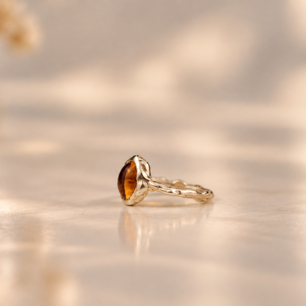 Handmade organic sterling silver ring with a warm golden citrine oval cabochon, Rooz Jewellery