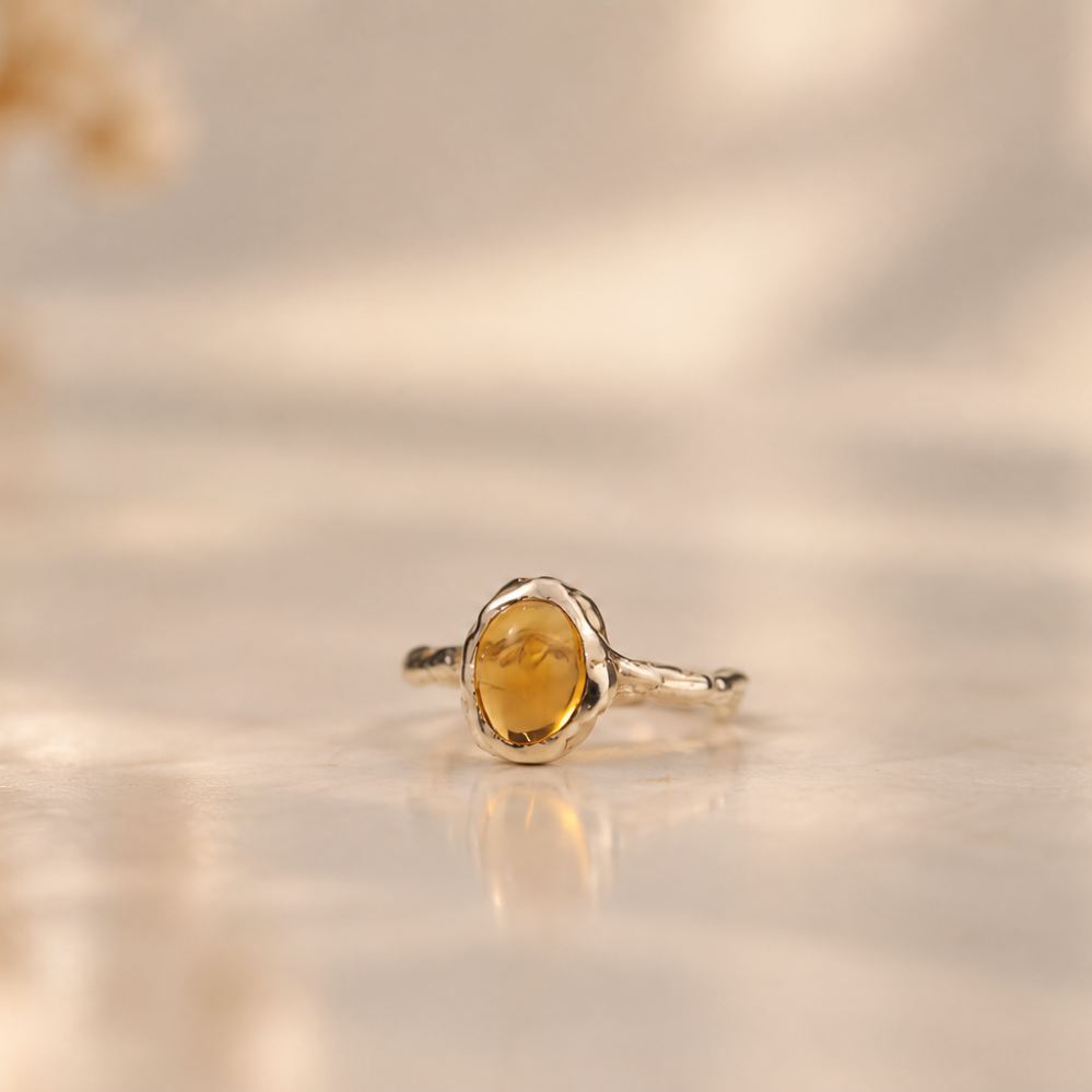 Handmade organic sterling silver ring with a warm golden citrine oval cabochon, Rooz Jewellery