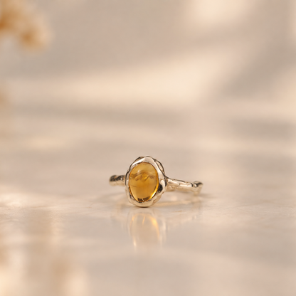 Handmade organic sterling silver ring with a warm golden citrine oval cabochon, Rooz Jewellery