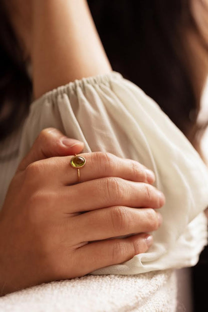 Natural Cabochon Oval Peridot in 10k Solid Gold Ring