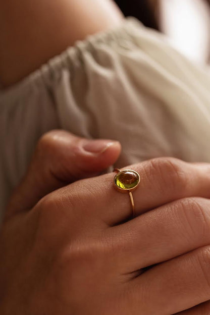 Natural Cabochon Oval Peridot in 10k Solid Gold Ring
