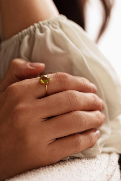 Natural Cabochon Oval Peridot in 10k Solid Gold Ring