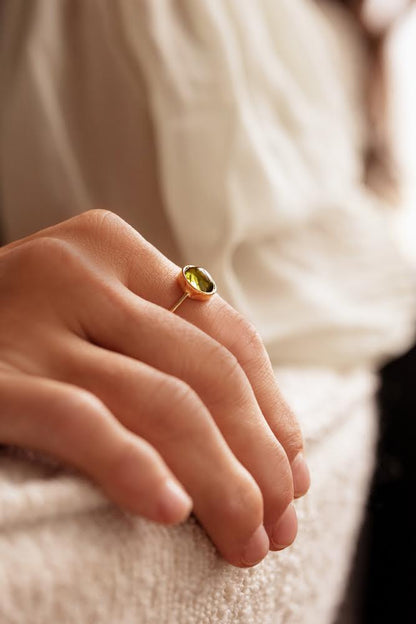 Natural Cabochon Oval Peridot in 10k Solid Gold Ring