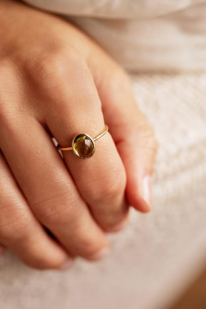 Natural Cabochon Oval Peridot in 10k Solid Gold Ring