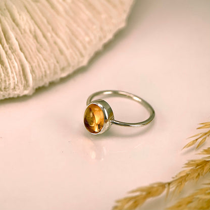 Natural Cabochon Oval Yellow Citrine in Solid Sterling Silver Ring