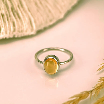 Natural Cabochon Oval Yellow Citrine in Solid Sterling Silver Ring