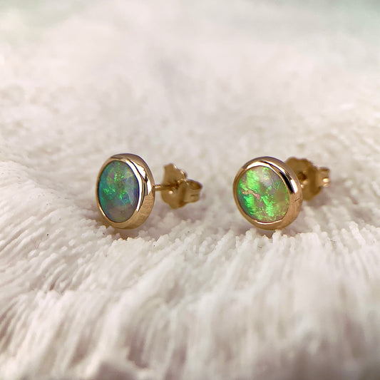 Round Australian Opal Gold Earrings