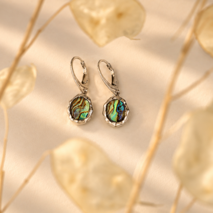 Pair of handmade organic sterling silver earrings with peacock-feather mother of pearl on leverback hooks, Rooz Jewellery Toronto