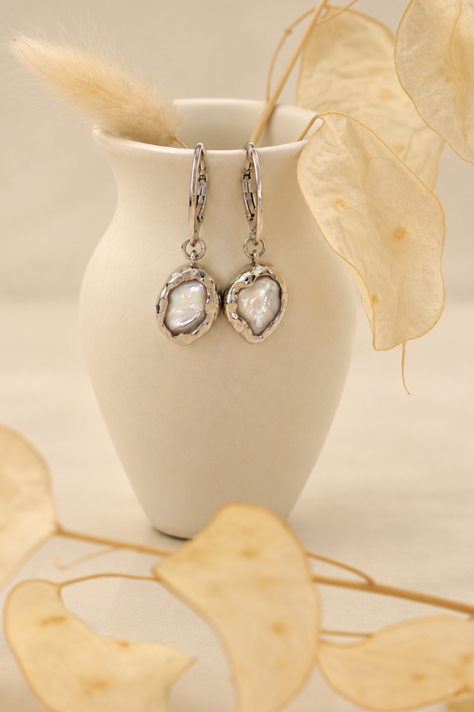 Handmade organic sterling silver drop earrings with irregular freshwater pearls on leverback hooks, Rooz Jewellery Toronto