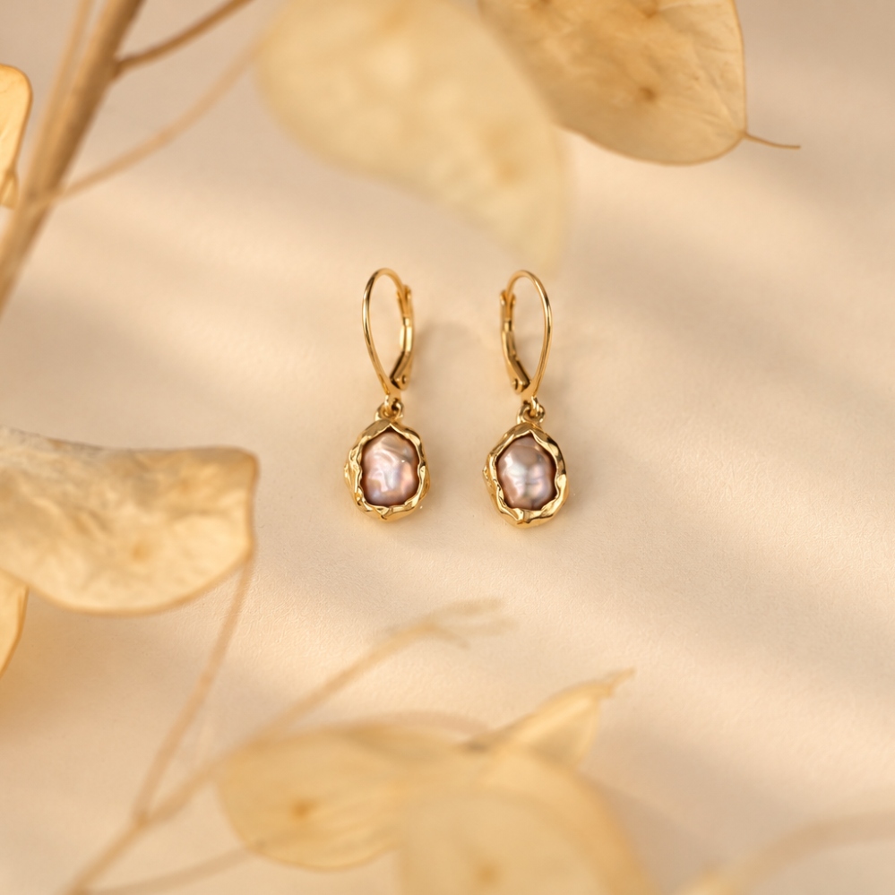 Handmade organic solid 10k gold drop earrings with irregular freshwater pearls on leverback hooks, Rooz Jewellery