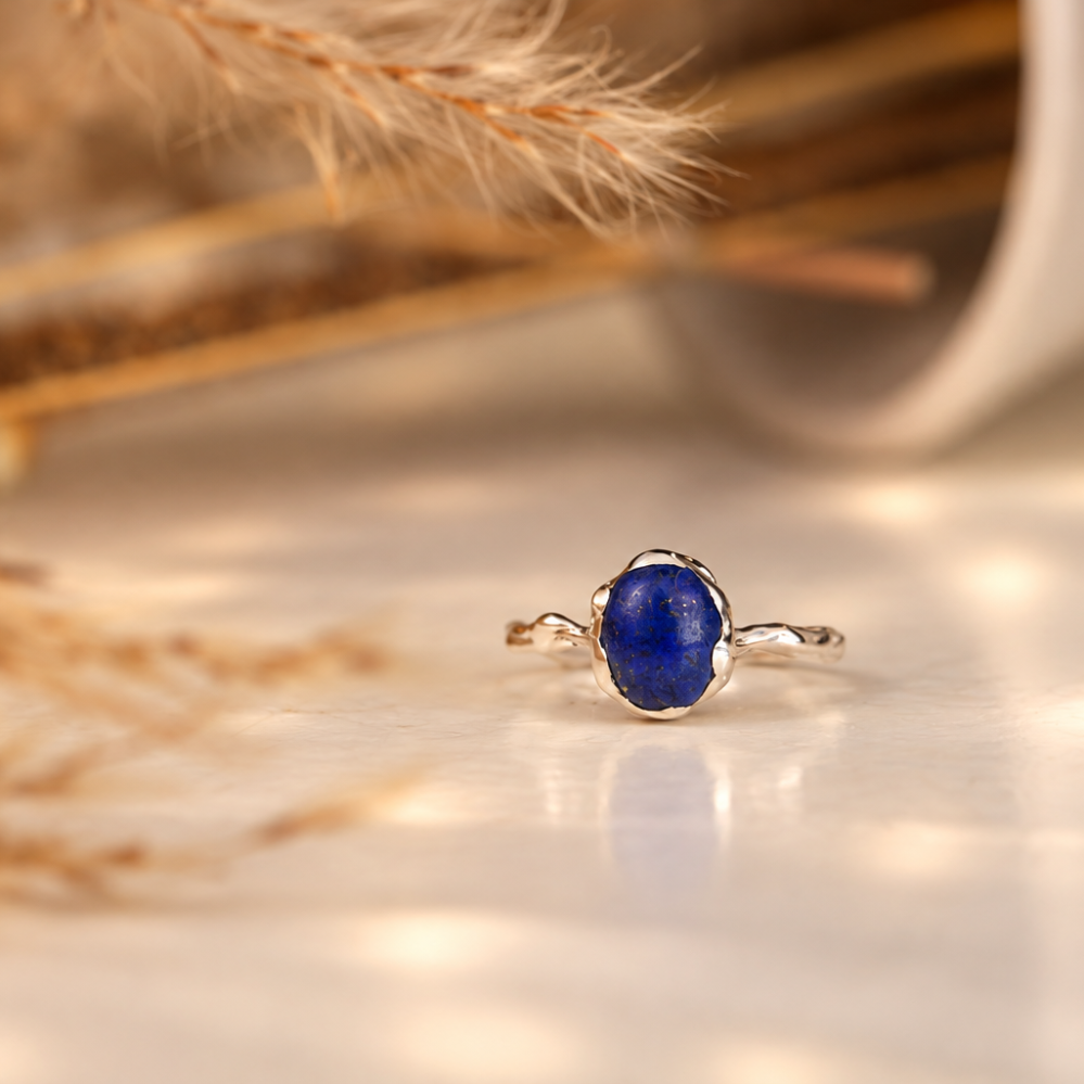Handmade organic sterling silver ring with a deep blue lapis lazuli oval cabochon, Rooz Jewellery