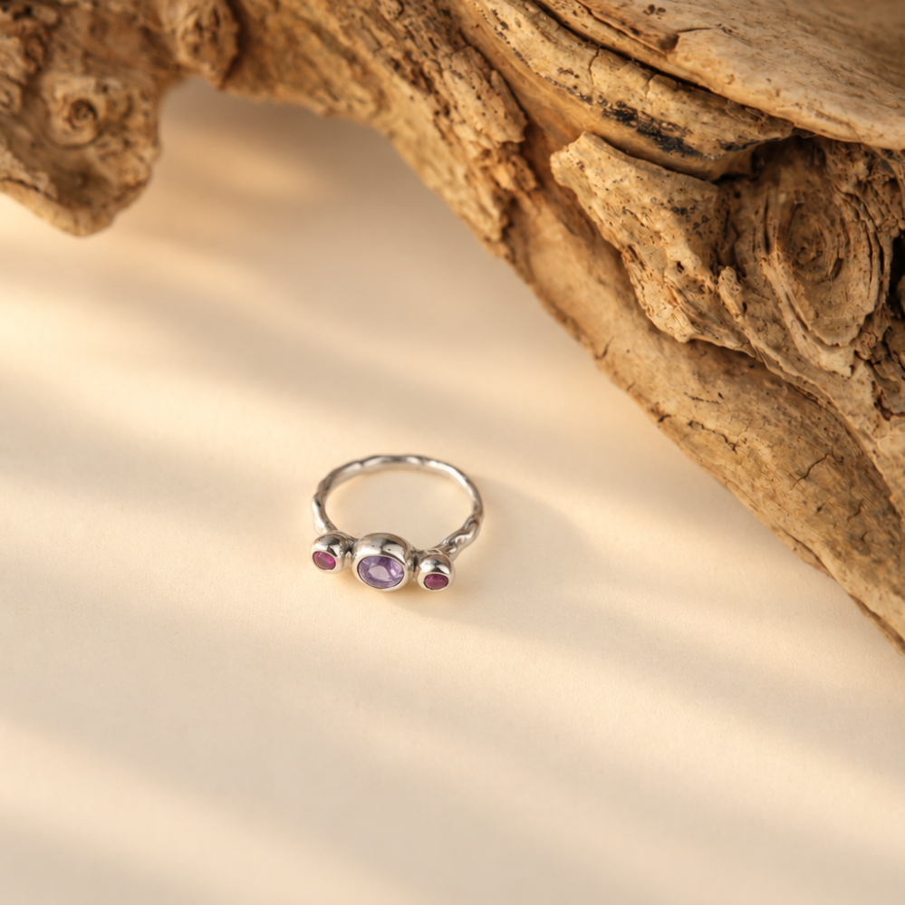 Handmade organic sterling silver ring with a cluster of three natural tourmaline stones, Rooz Jewellery