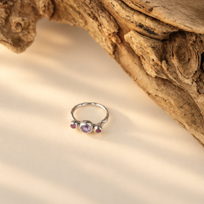 Handmade organic sterling silver ring with a cluster of three natural tourmaline stones, Rooz Jewellery