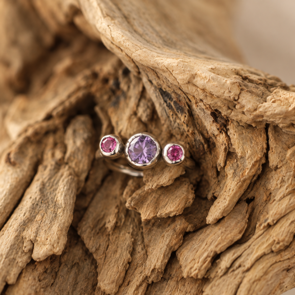 Handmade organic sterling silver ring with a cluster of three natural tourmaline stones, Rooz Jewellery
