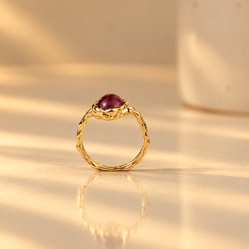 Handmade organic 10k yellow gold ring with a red oval ruby cabochon, Rooz Jewellery Toronto