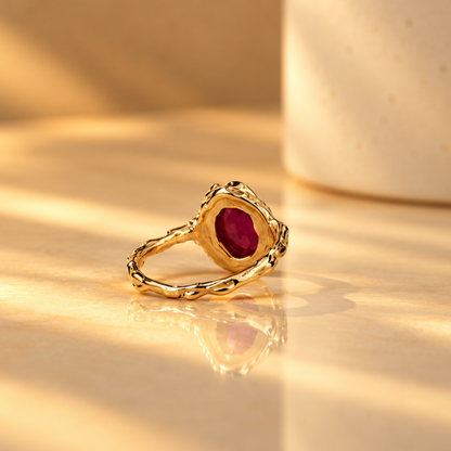 Handmade organic 10k yellow gold ring with a red oval ruby cabochon, Rooz Jewellery Toronto