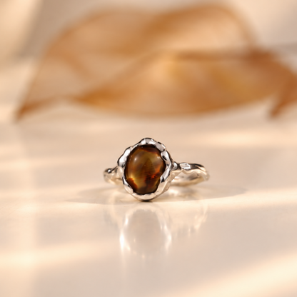 Handmade organic sterling silver ring with an iridescent mother of pearl oval, Rooz Jewellery Toronto