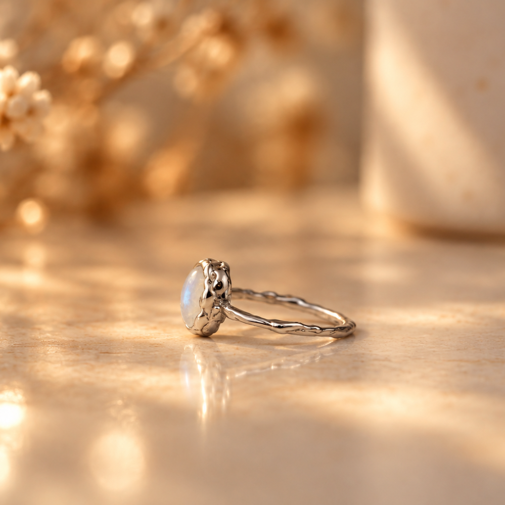 Handmade organic sterling silver ring with a glowing oval moonstone cabochon, Rooz Jewellery