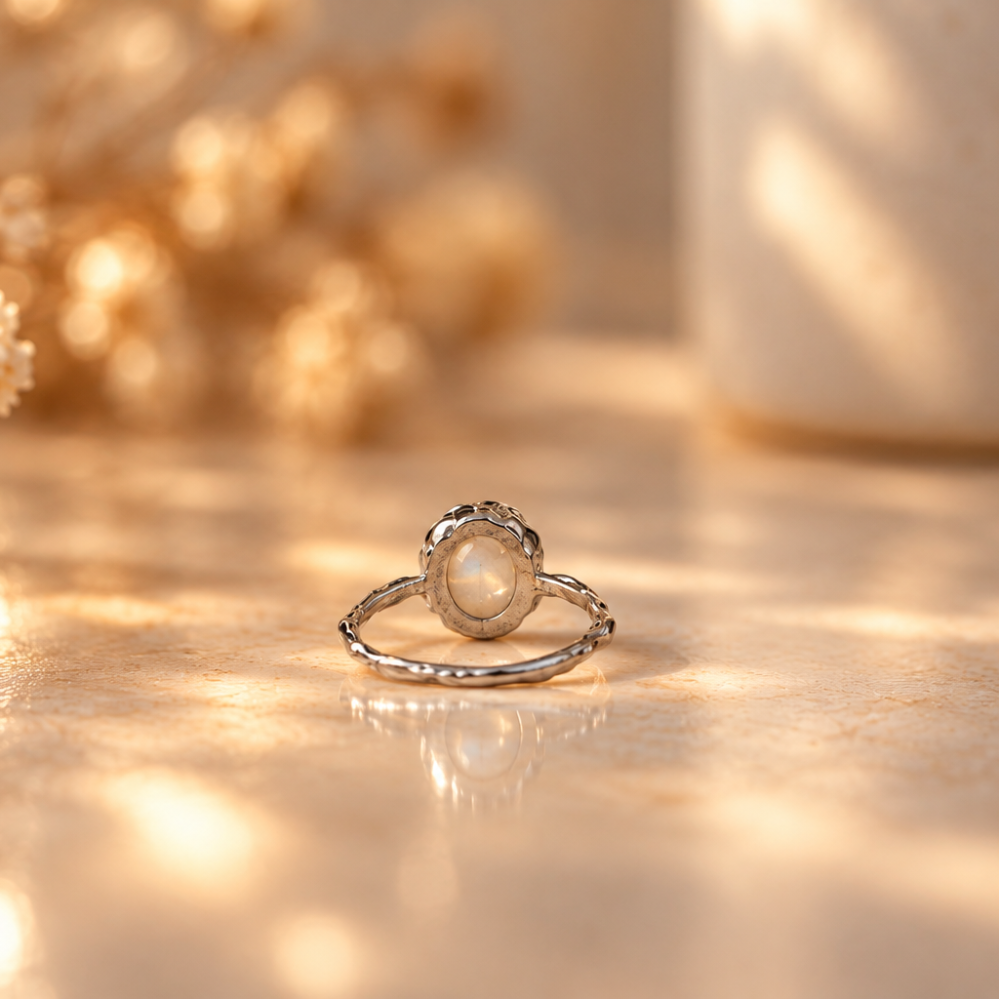 Handmade organic sterling silver ring with a glowing oval moonstone cabochon, Rooz Jewellery