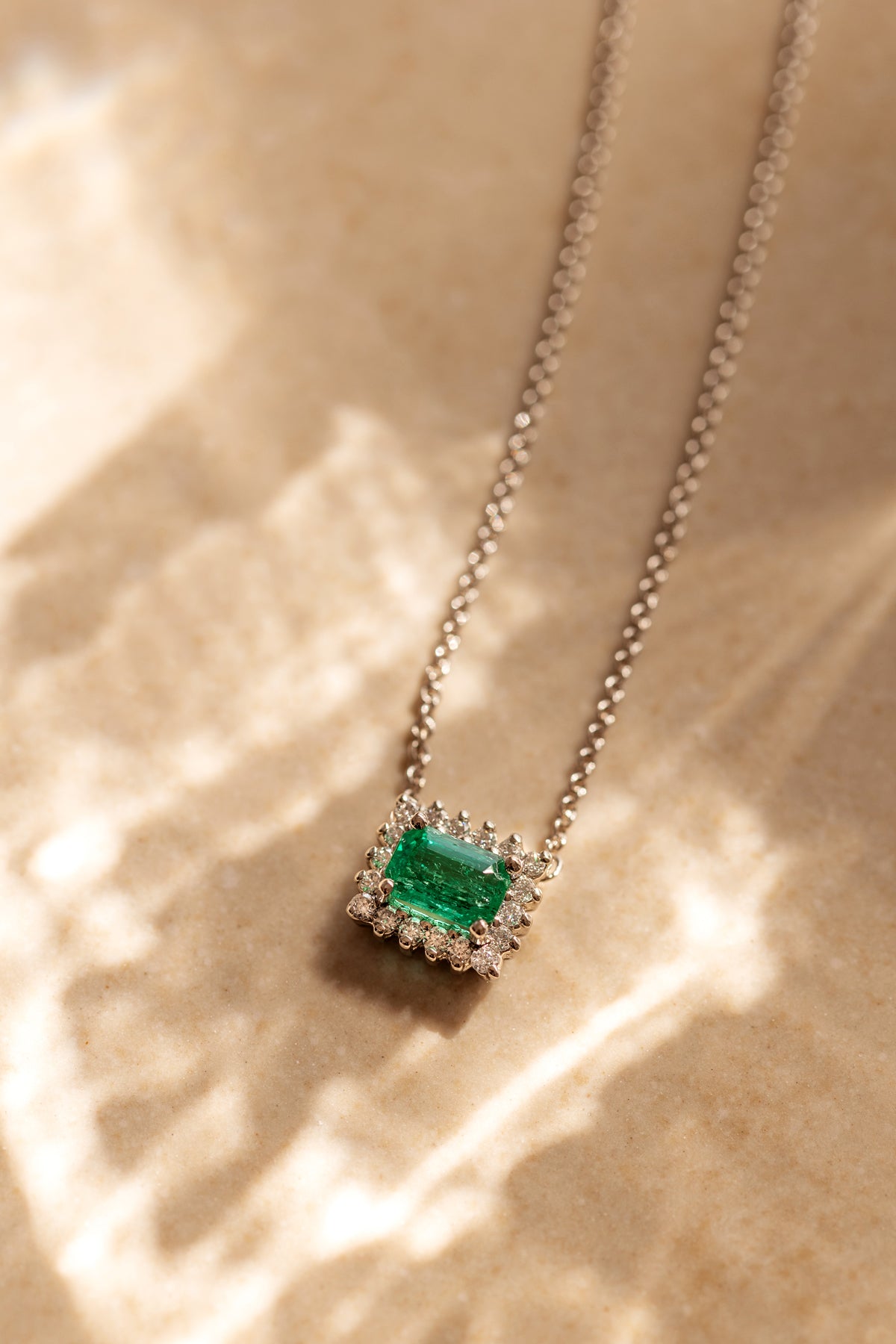 Emerald and Diamond Cluster White-Gold Necklace