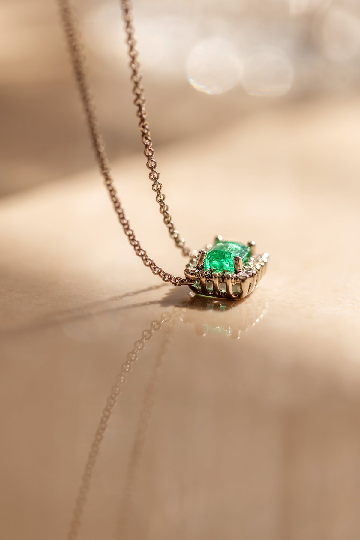 Emerald and Diamond Cluster White-Gold Necklace