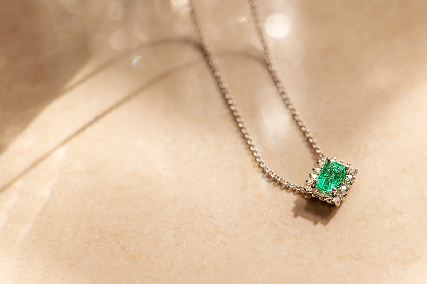 Emerald and Diamond Cluster White-Gold Necklace