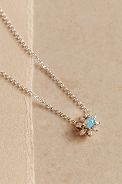 Opal and Diamond Cluster White-Gold Necklace
