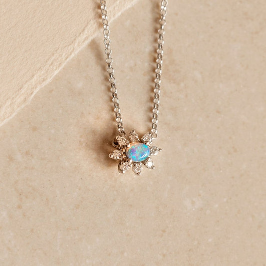 Opal and Diamond Cluster White-Gold Necklace