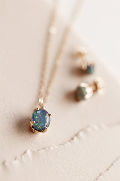 Ethiopian Opal in Solid 14k yellow Gold Pendant and Earrings