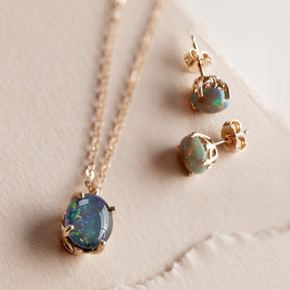 Ethiopian Opal in Solid 14k yellow Gold Pendant and Earrings