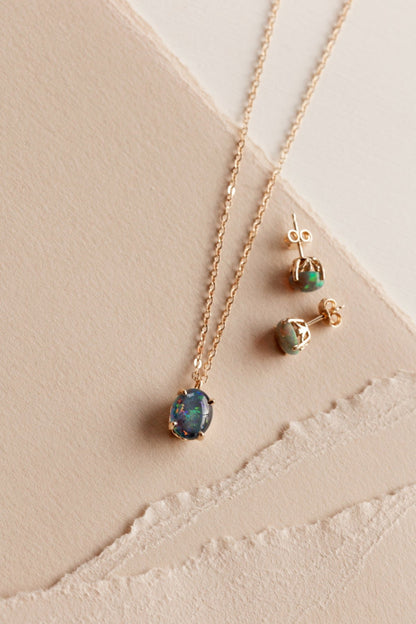 Ethiopian Opal in Solid 14k yellow Gold Pendant and Earrings