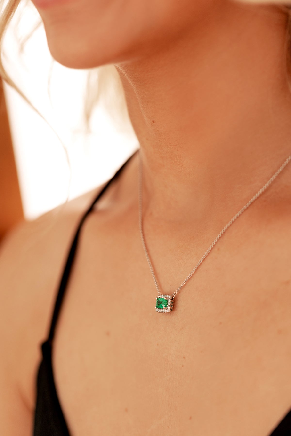 Emerald and Diamond Cluster White-Gold Necklace