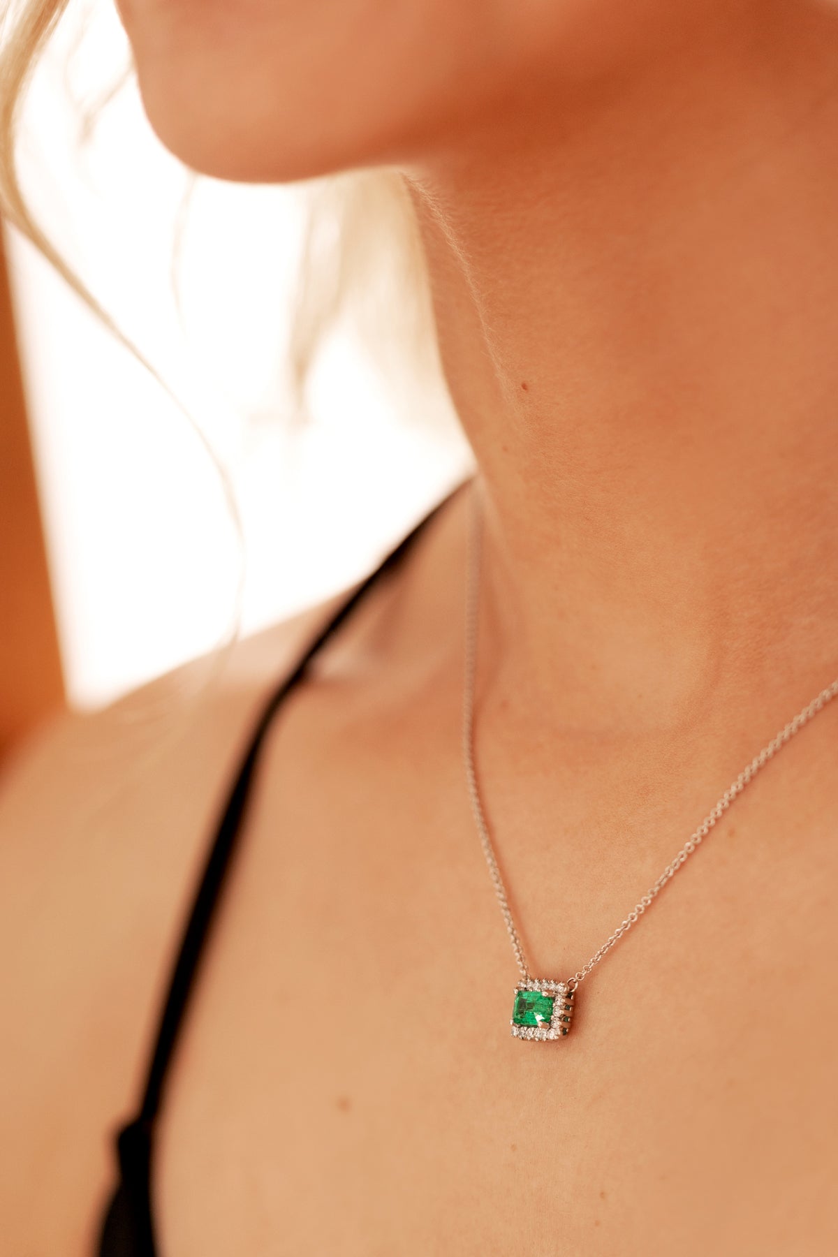 Emerald and Diamond Cluster White-Gold Necklace