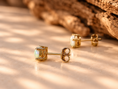Pair of handmade stud earrings with white oval Australian opals in solid 10k yellow gold, Rooz Jewellery Toronto