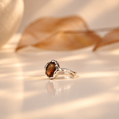 Handmade organic sterling silver ring with an iridescent mother of pearl oval, Rooz Jewellery Toronto