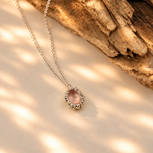 Handmade organic sterling silver pendant with a pale pink rose quartz oval cabochon, Rooz Jewellery Toronto