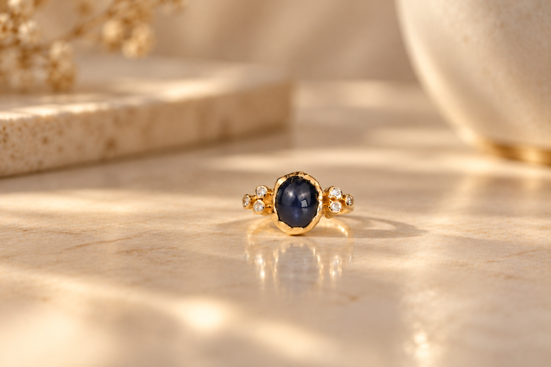 Organic 10k yellow gold ring with a blue sapphire and six small lab-grown diamonds, handmade by Rooz Jewellery