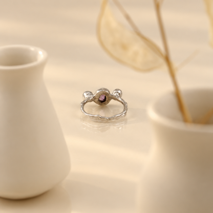 Handmade organic sterling silver ring with a cluster of three natural tourmaline stones, Rooz Jewellery