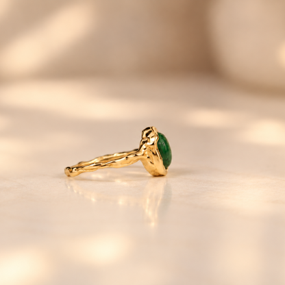 Handmade organic 10k yellow gold ring with a single green emerald oval cabochon, Rooz Jewellery Toronto
