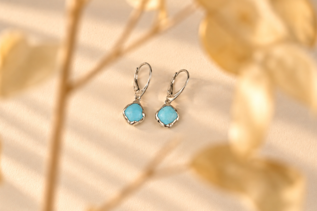 Handmade organic sterling silver earrings with smooth squarish turquoise cabochons on leverback hooks, Rooz Jewellery