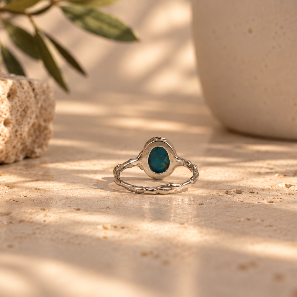 Handmade organic sterling silver ring with a blue oval turquoise cabochon, Rooz Jewellery Toronto