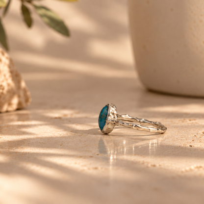Handmade organic sterling silver ring with a blue oval turquoise cabochon, Rooz Jewellery Toronto