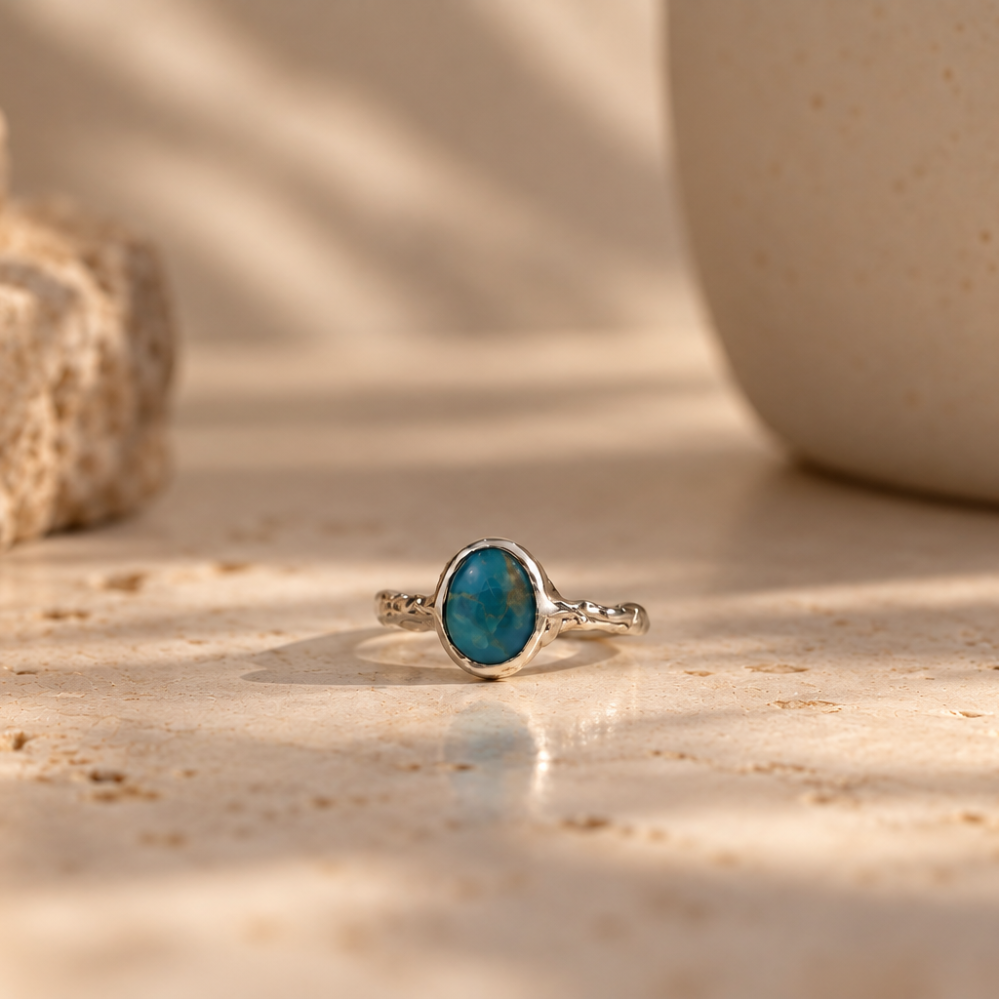 Handmade organic sterling silver ring with a blue oval turquoise cabochon, Rooz Jewellery Toronto
