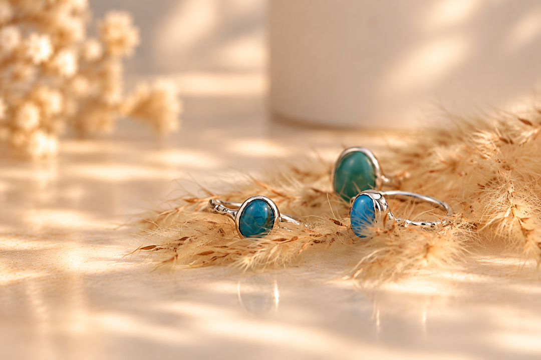Handmade organic sterling silver ring with a blue oval turquoise cabochon, Rooz Jewellery Toronto