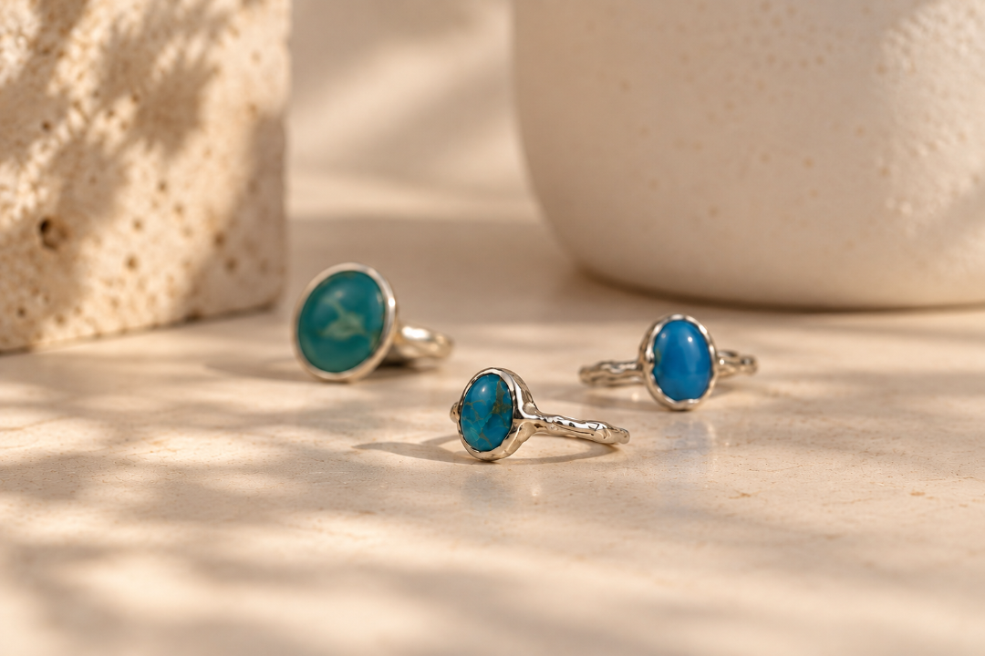 Handmade organic sterling silver ring with a blue oval turquoise cabochon, Rooz Jewellery Toronto