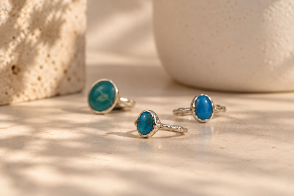Handmade organic sterling silver ring with a blue oval turquoise cabochon, Rooz Jewellery Toronto