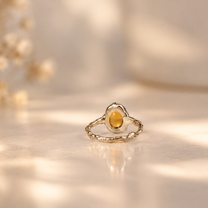 Handmade organic sterling silver ring with a warm golden citrine oval cabochon, Rooz Jewellery